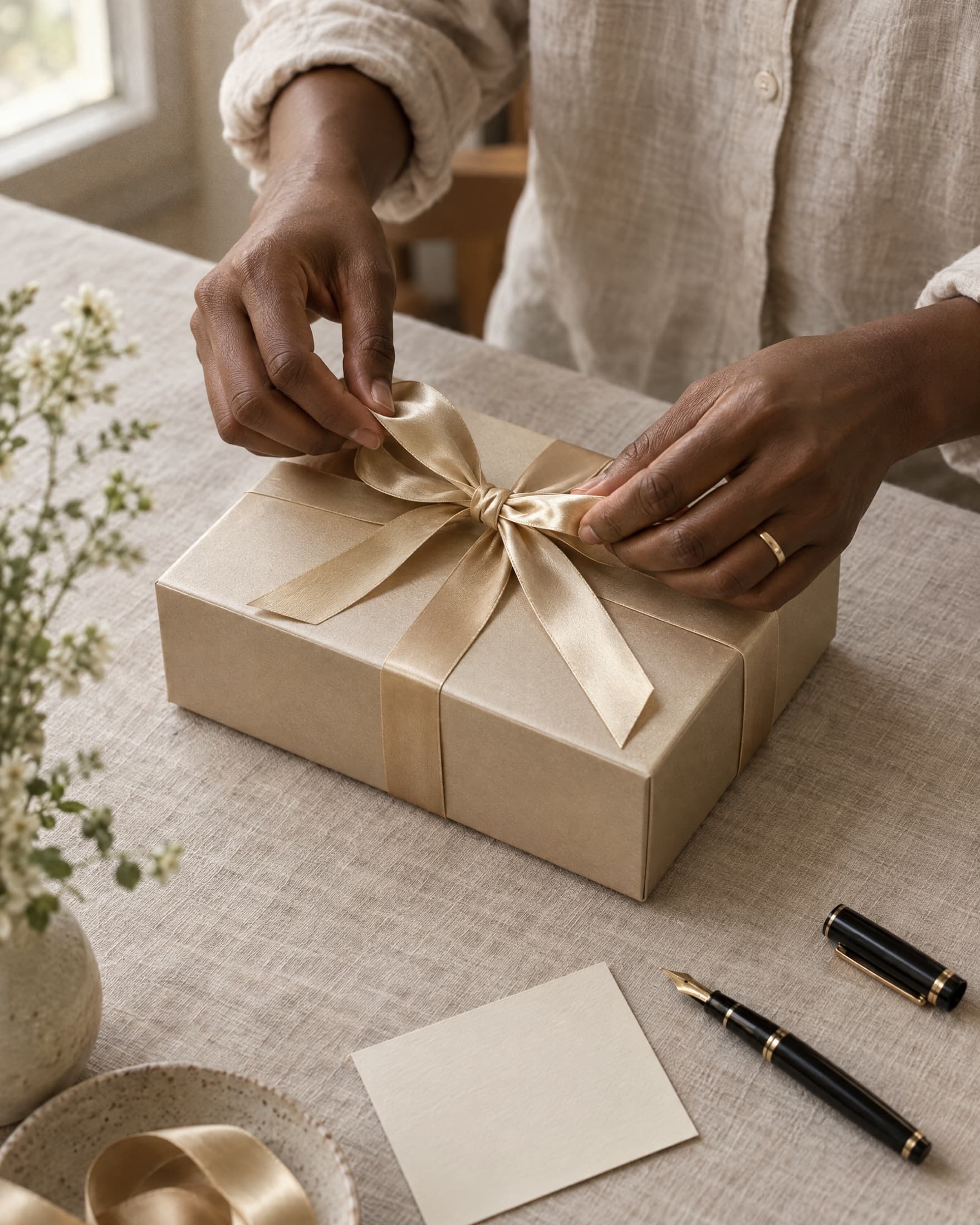 Hands tying a pale gold silk ribbon into a bow on a champagne gift box