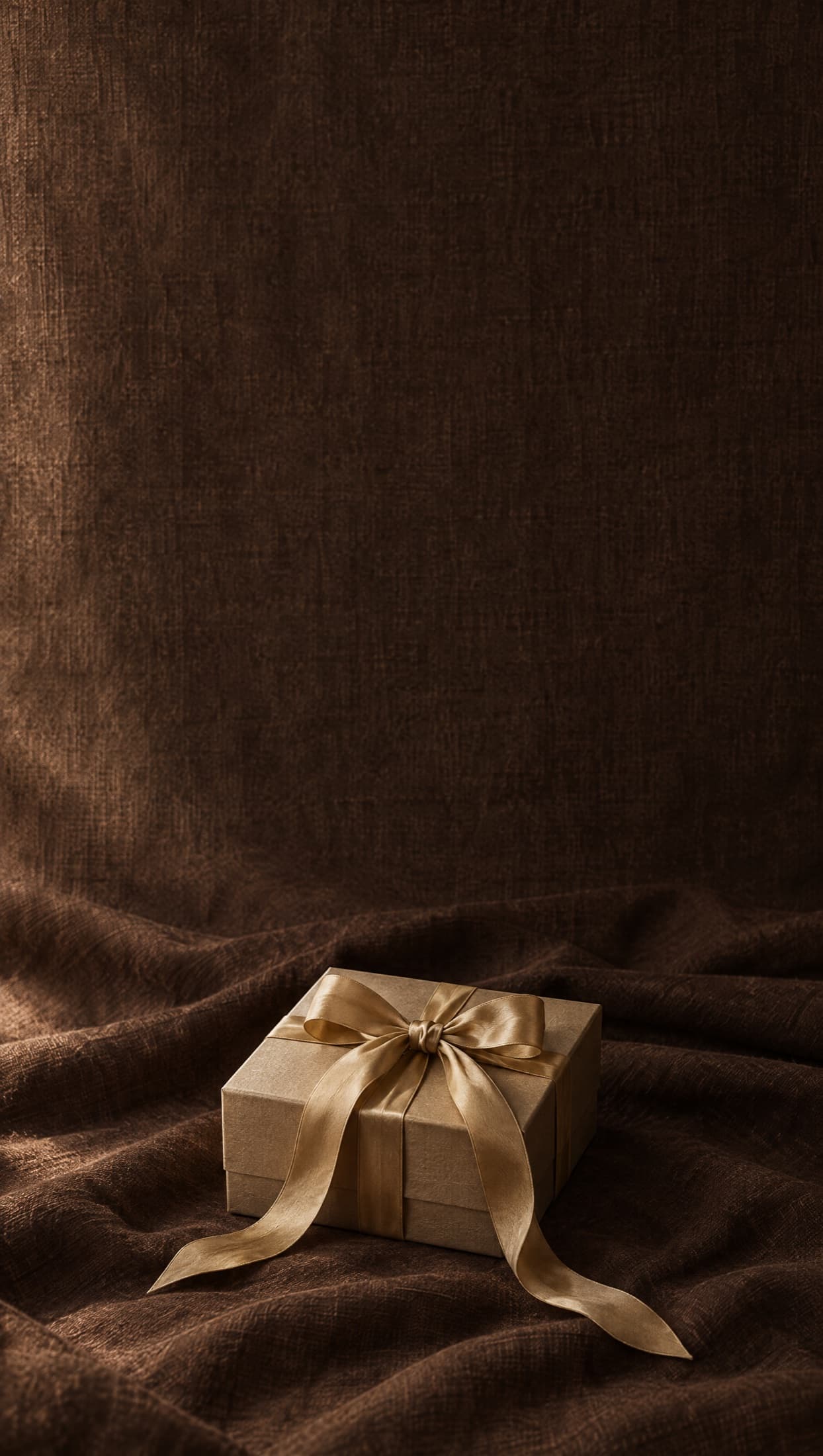 A champagne gift box tied with gold silk ribbon on dark cocoa linen